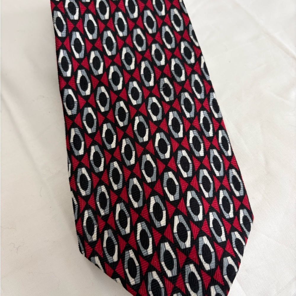 Dani Moda Maschile 100% Silk Tie Handmade 59”x4”, Red White Black Silver